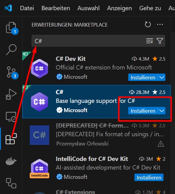 Ein Screenshot der Suche nach der Erweiterung 'C#'