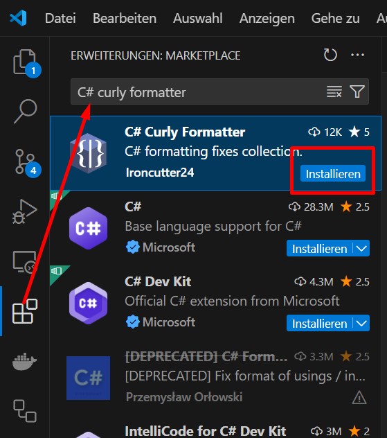 Ein Screenshot der Suche nach der Erweiterung 'C#'