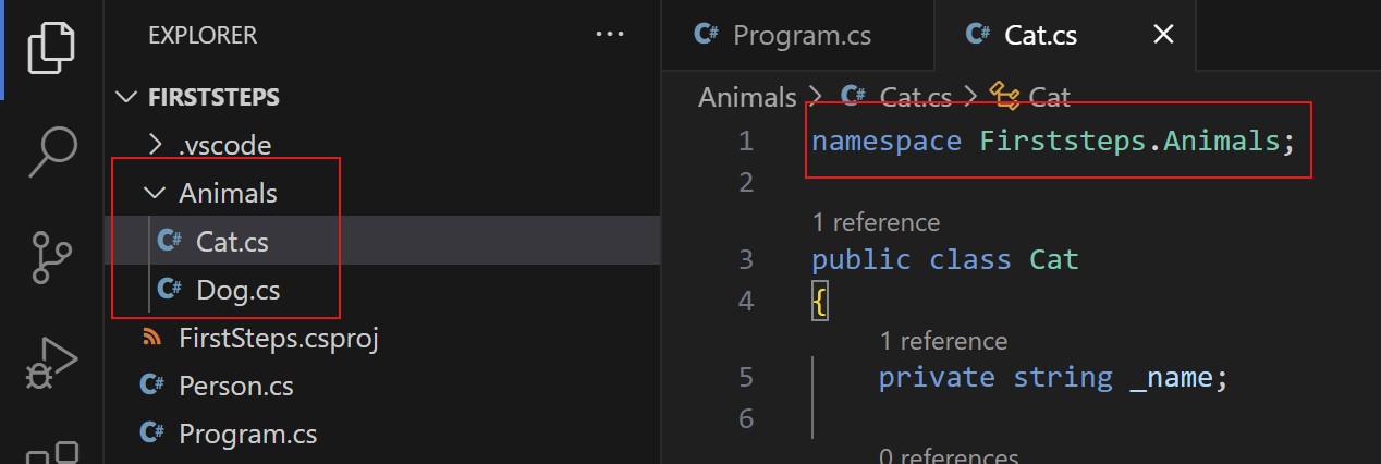 Ein Screenshot aus VS Code, der eine Klasse "Cat" in einem Unterorder "Animals" zeigt. Die Klasse hat den Namespace "Firststeps.Animals"